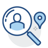 Graphic of magnifying glass, person, and map pin Graphic of magnifying glass, person, and map pin