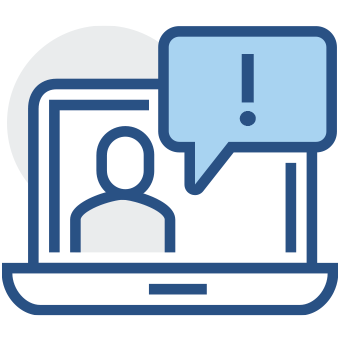 Graphic of laptop with person and exclamation point Graphic of laptop with person and exclamation point
