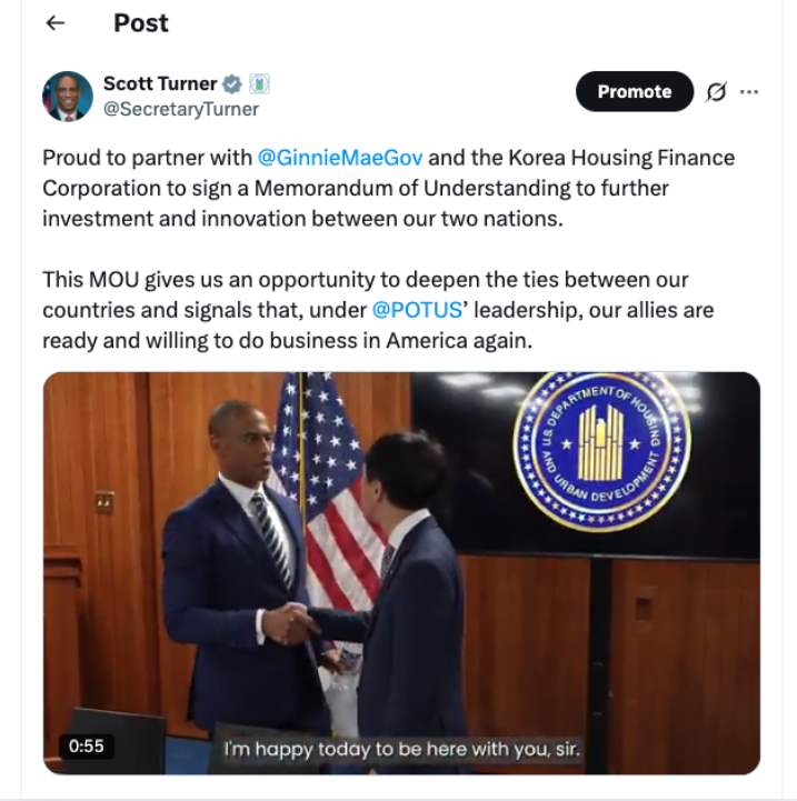 HUD, Ginnie Mae, and the Korea Housing Finance Corporation (KHFC) signed a memorandum of understanding