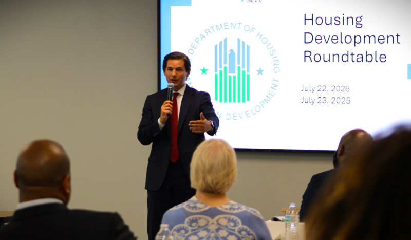 HUD Great Plains Regional Administrator Joe Mitchell delivers opening remarks at a listening session with real estate developers in the region emphasizing the need for their input on how HUD programs can be improved to deliver more affordable housing to the region.