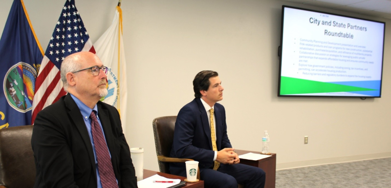HUD Great Plains Regional Administrator Joe Mitchell and Deputy Regional Administrator Bruce Ladd engage with an audience of state and local housing development officials at the HUD Kansas City Regional Office.